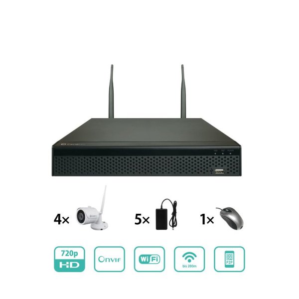 Komplettset 4 Kanal Videoüberwachung NVR mit WLAN 720P HD IP Kamera 20m Nachtsicht